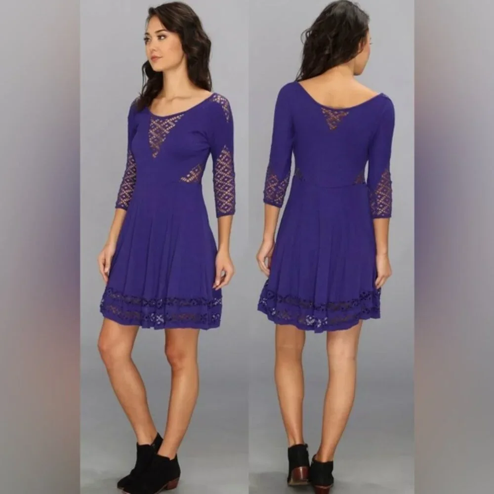 NEW FREE PEOPLE “To The Point”‎ VIOLET MINI Dress w/Crochet Inset F017Z898 Sz XS